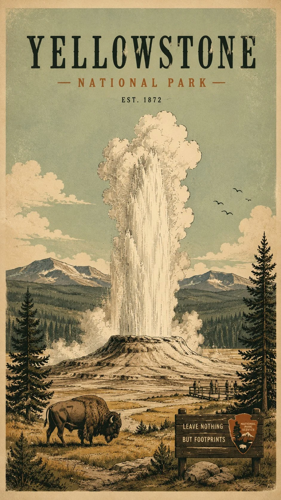Vintage Yellowstone Geyser Travel Poster