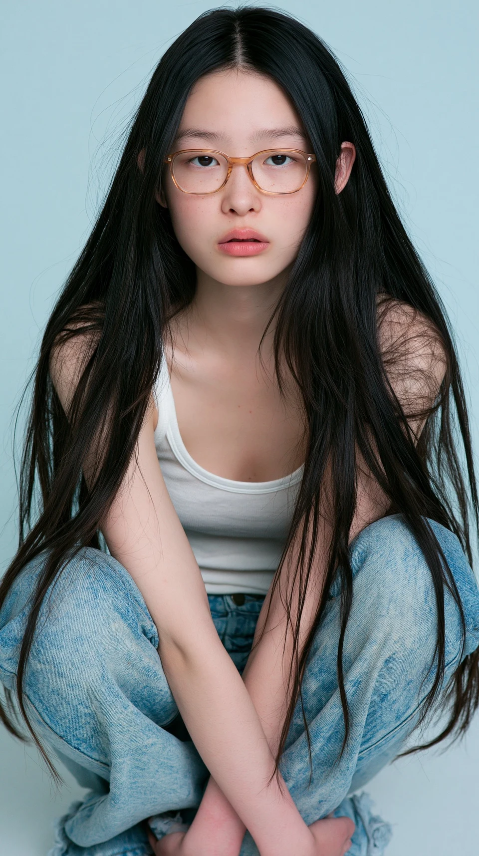 Beautiful young Asian woman in glasses posing on