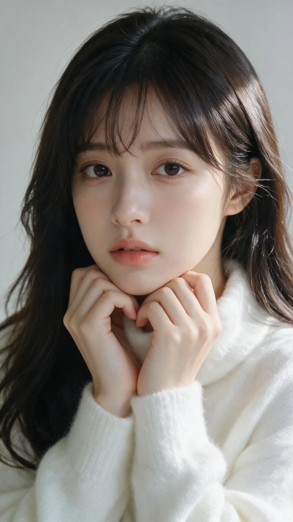 Young East Asian Woman in White Knit Sweater