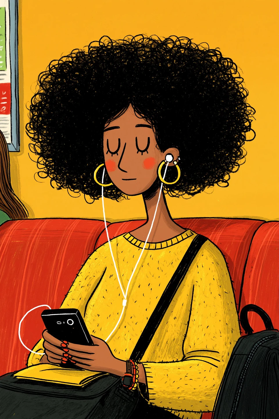 colorful illustration of a woman with afro on public