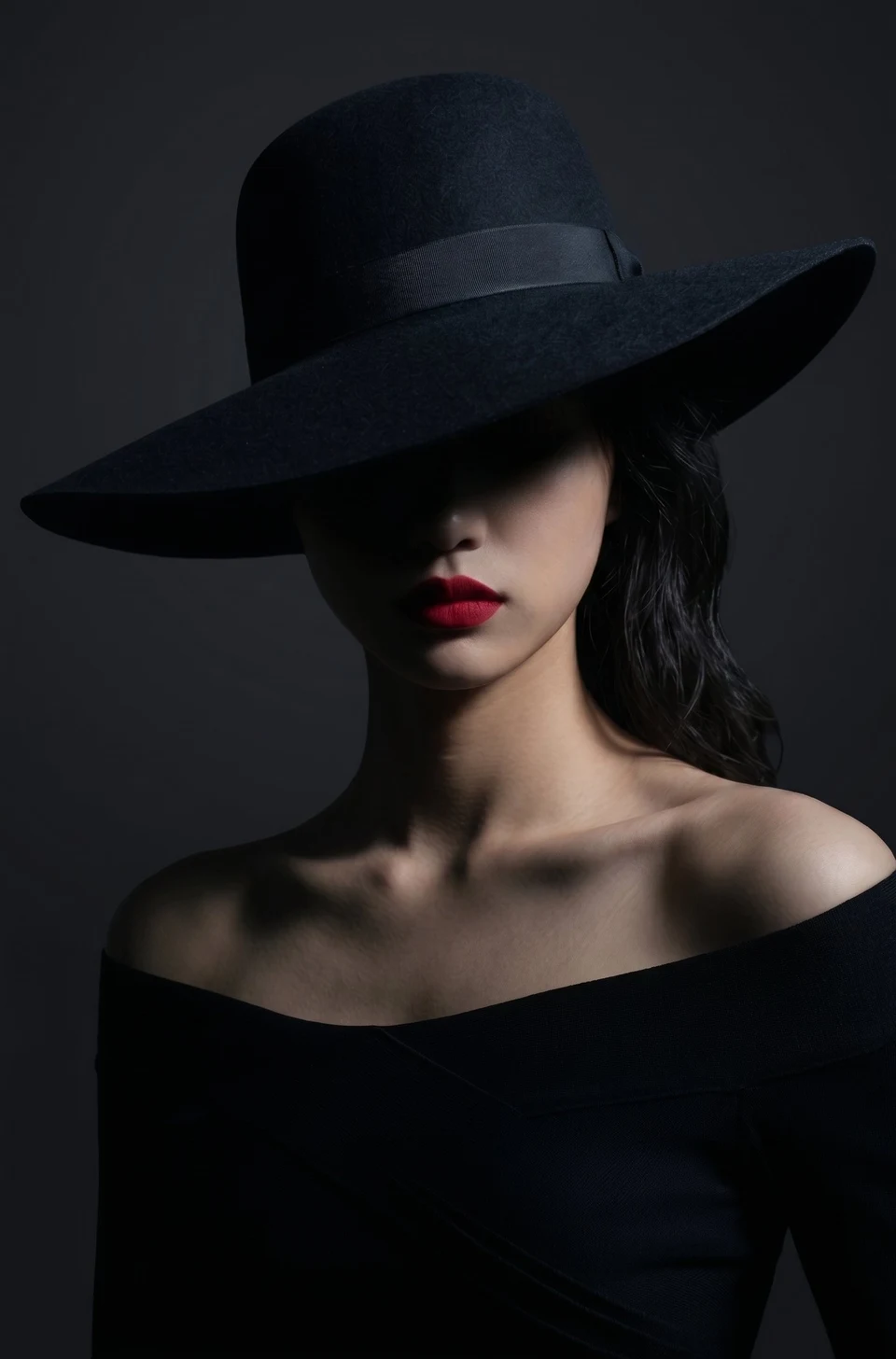 Elegant woman in black hat and red lips with