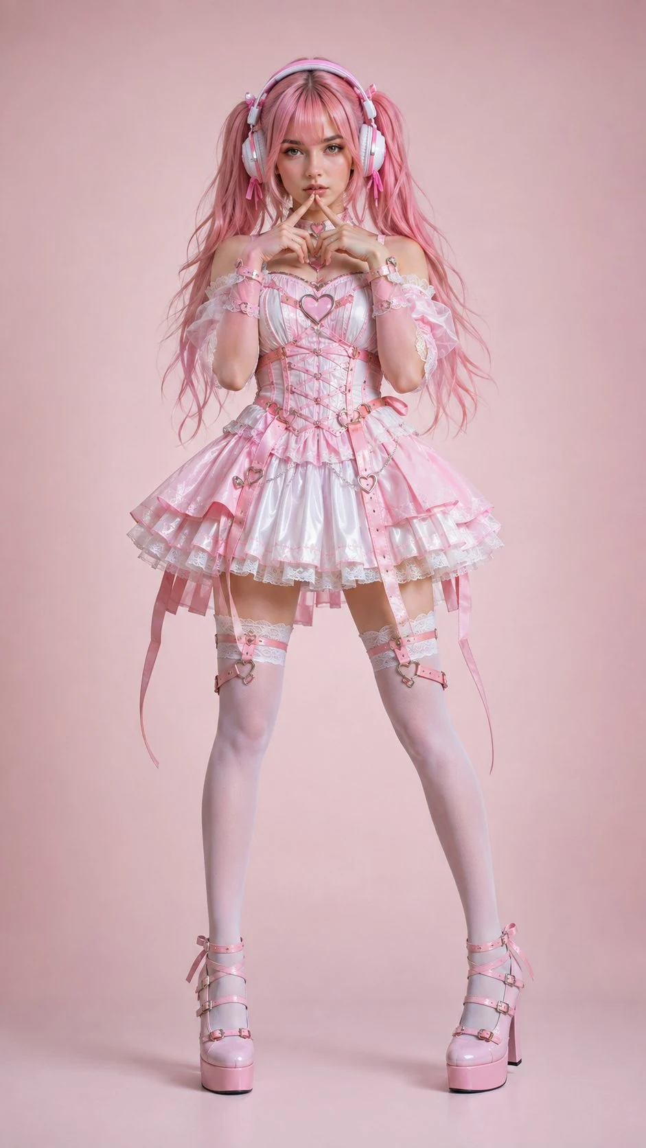 Pink Lolita Cosplay Fashion Portrait with Headphones