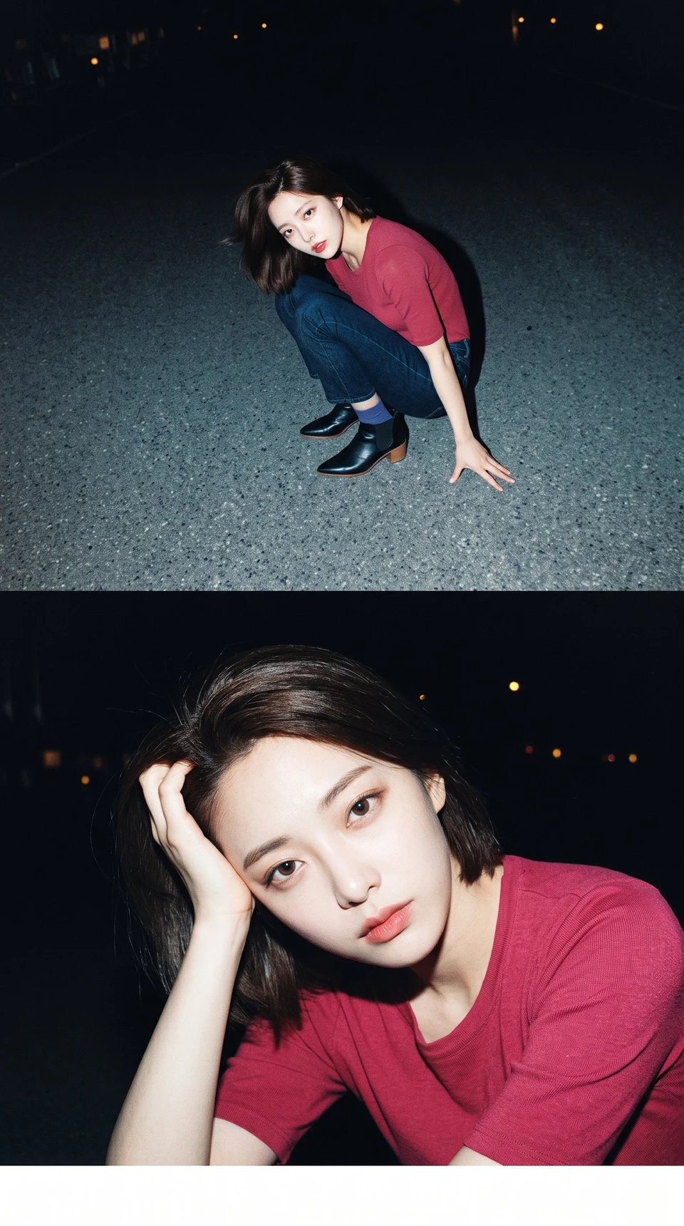 Woman crouching and posing on asphalt at night with