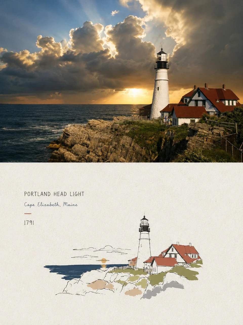 Portland Head Light poster divided between