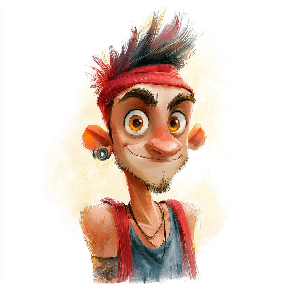 Cartoon portrait of punk boy with spiky hair and red