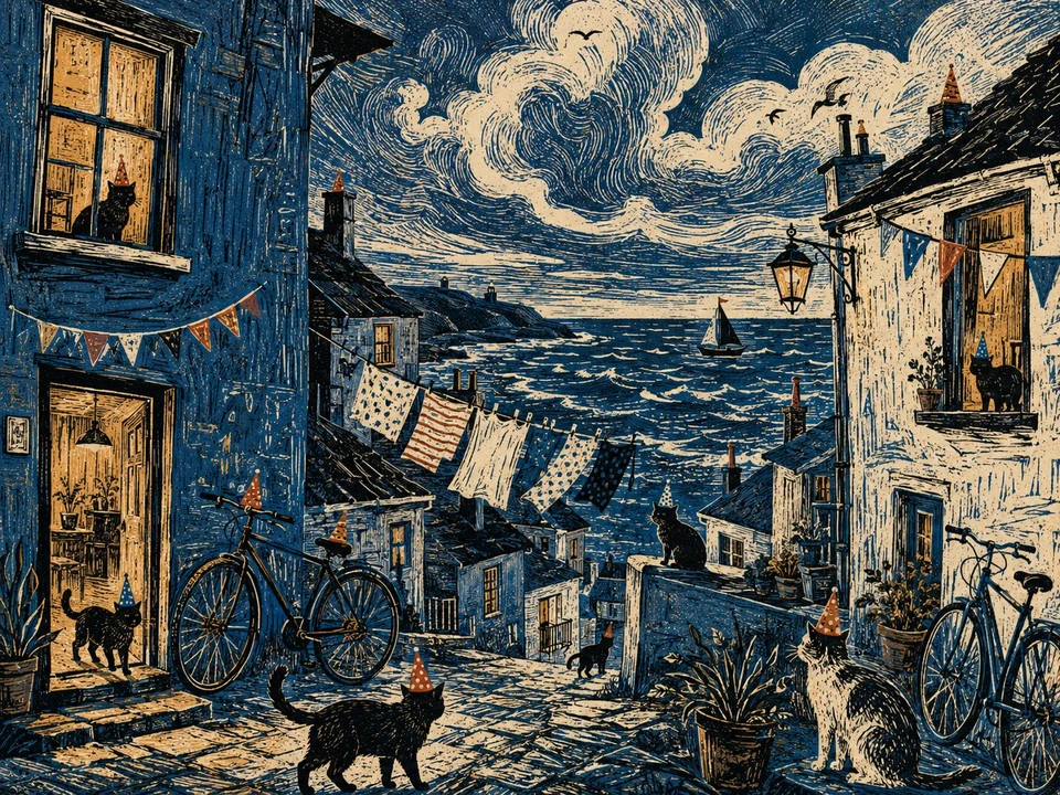 Coastal Village at Dusk Linocut Print Style