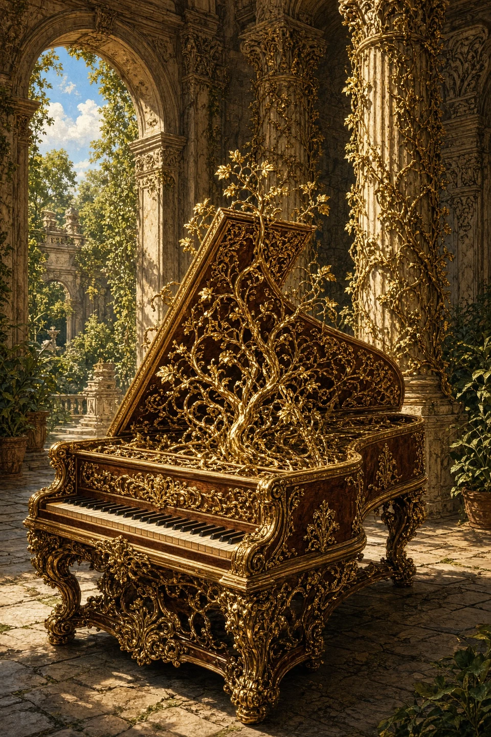 Gold-Leaf Baroque Harpsichord in Sunlit Courtyard