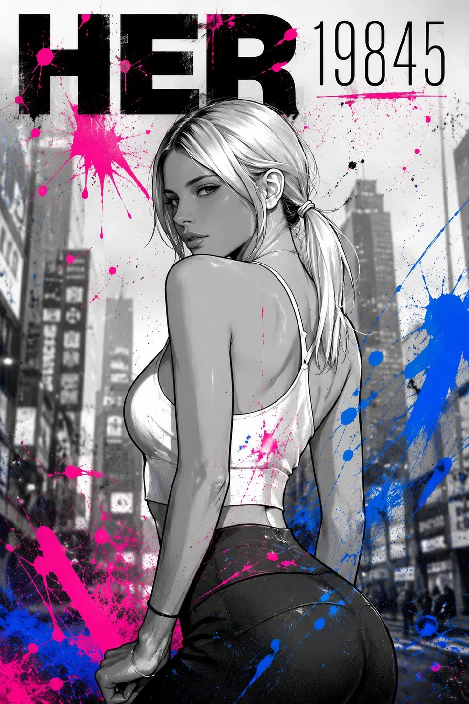 Anime Woman Grayscale Fuchsia Blue Splatter