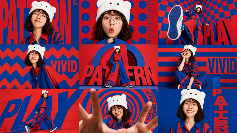 Fashion editorial collage grid with red blue