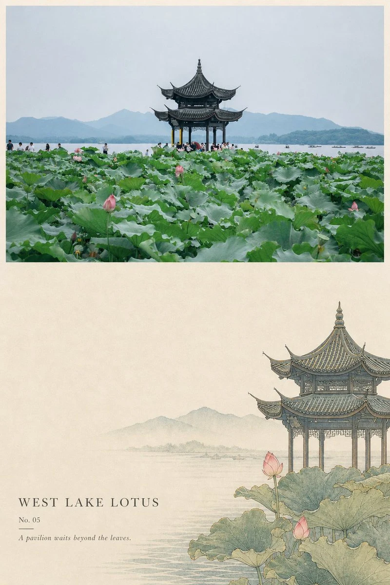 west lake lotus pavilion poster with traditional