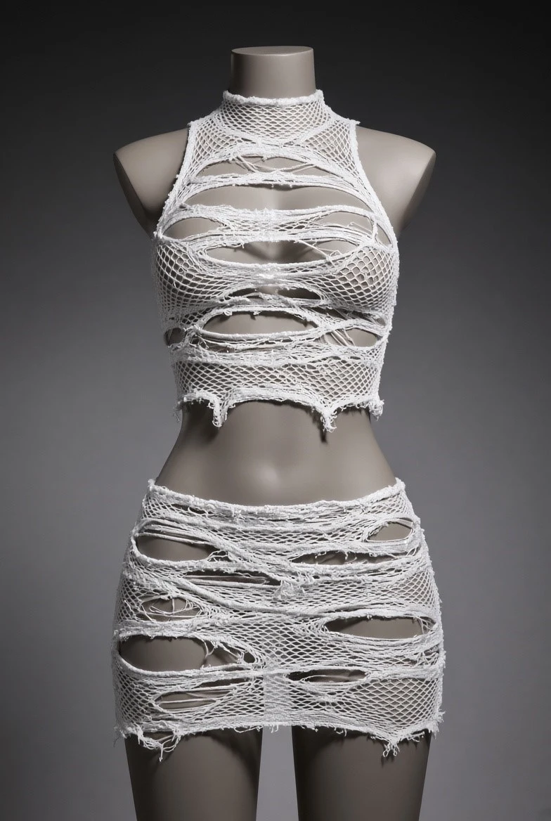 White Distressed Mesh Two-Piece Rave Outfit on