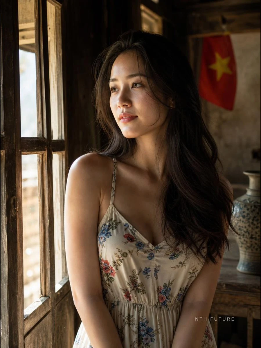 Vietnamese woman by rustic window with flag