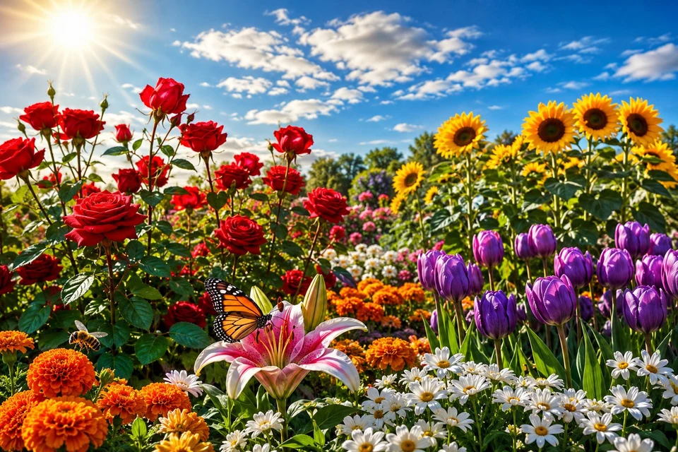 vibrant flower garden with roses sunflowers and