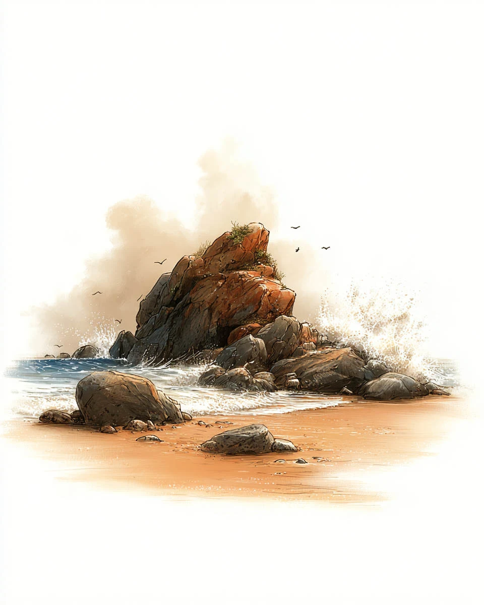 Coastal rock formation with crashing waves and