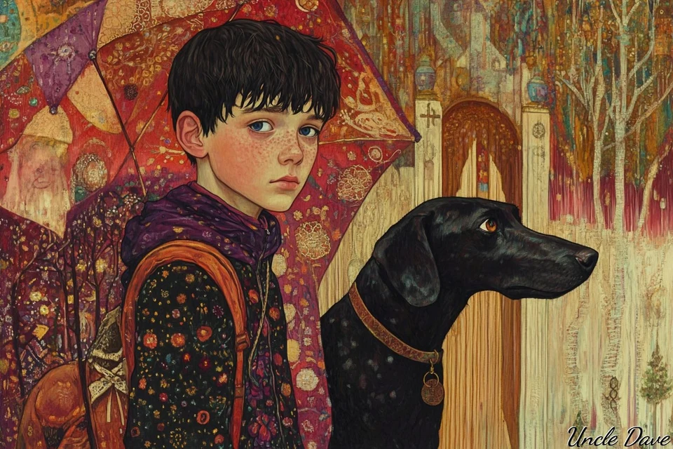 Fantasy illustration of a boy with a black dog