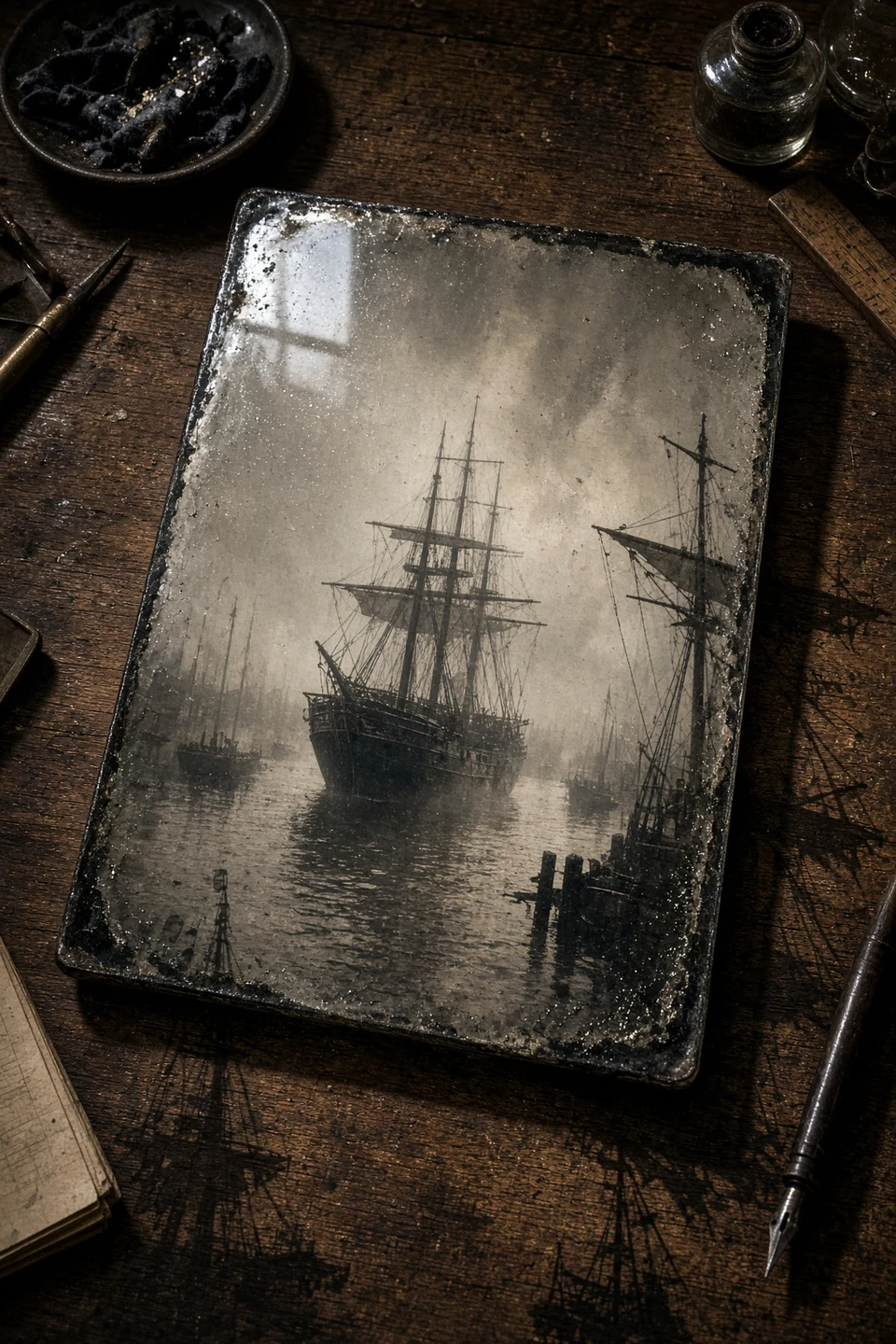 wet-plate collodion harbor photograph on wooden