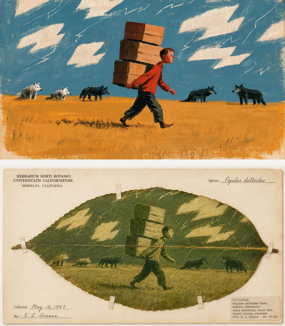 Chlorophyll leaf print of boy with boxes and wolves