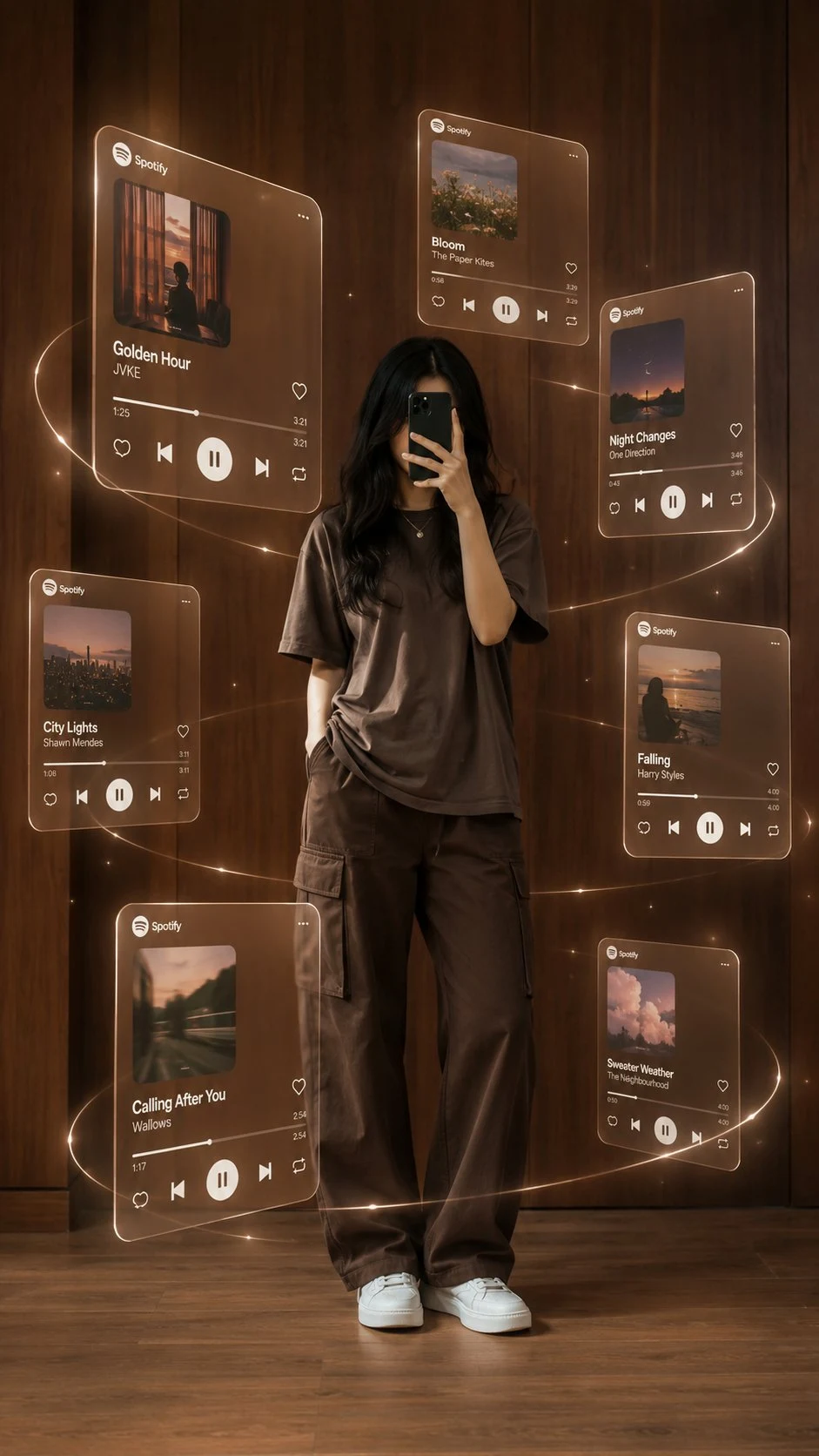 Woman Taking Selfie With Floating Holographic