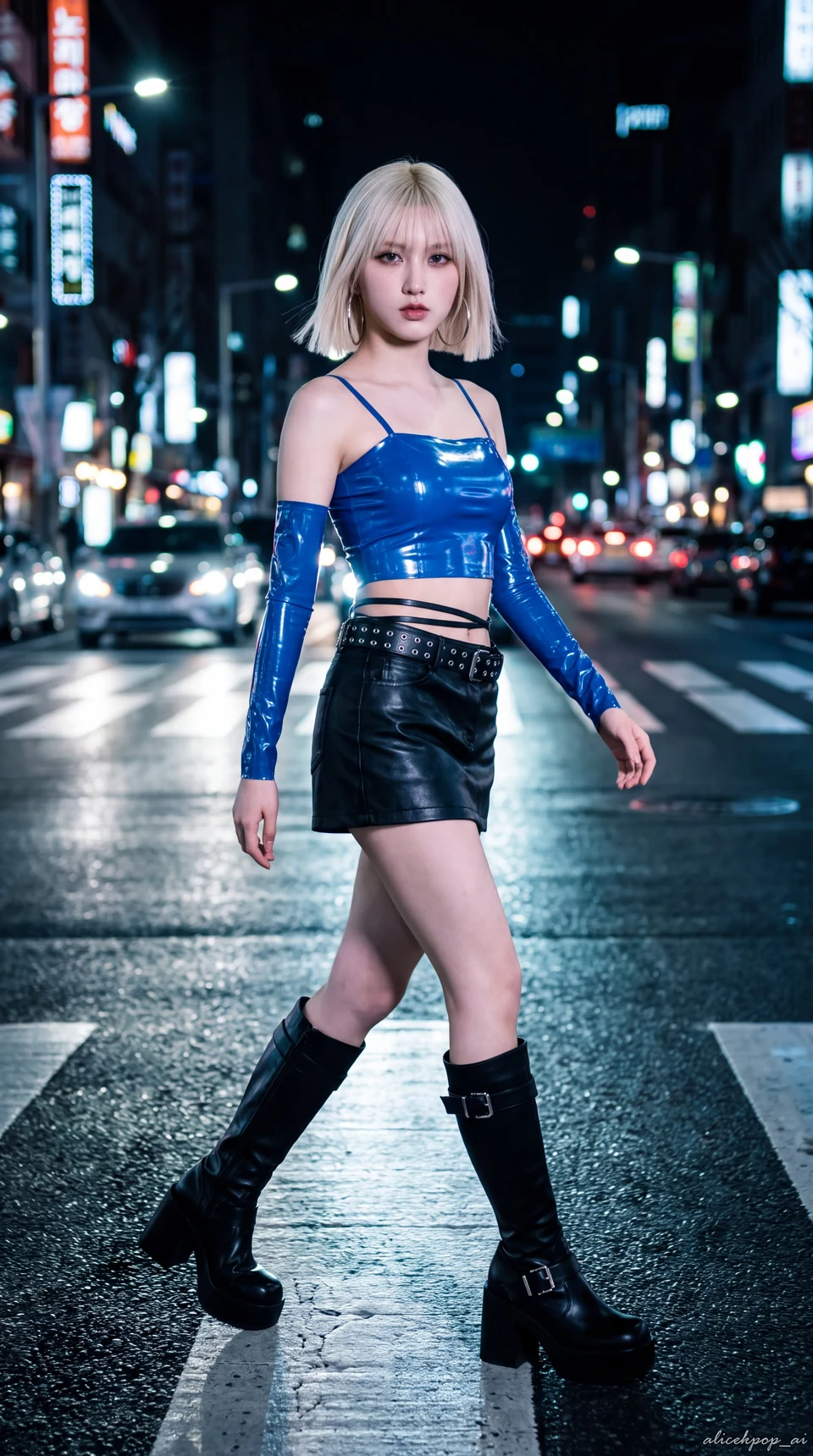 Woman in electric blue latex walking across night