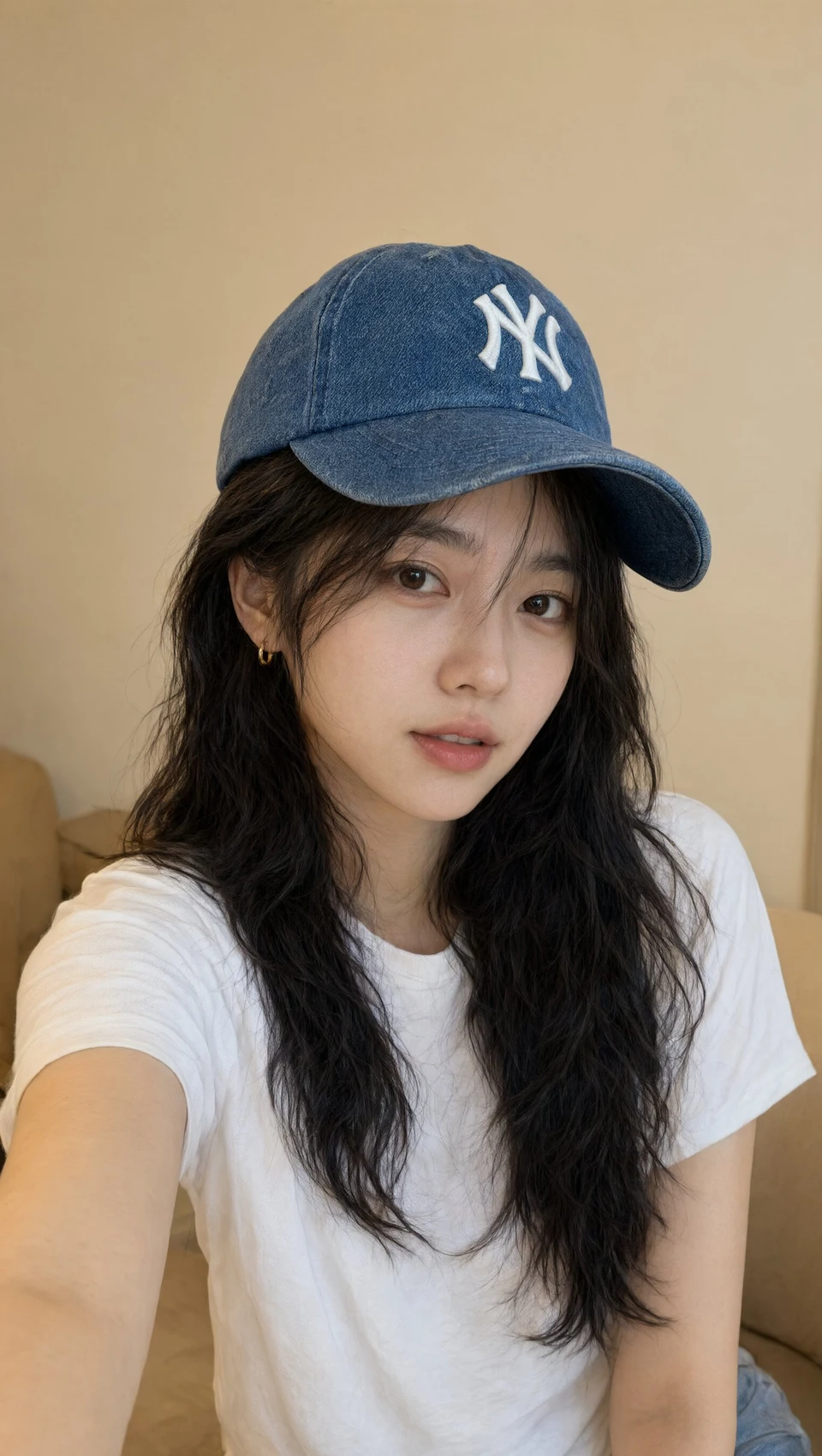 Young East Asian woman in denim NY cap selfie