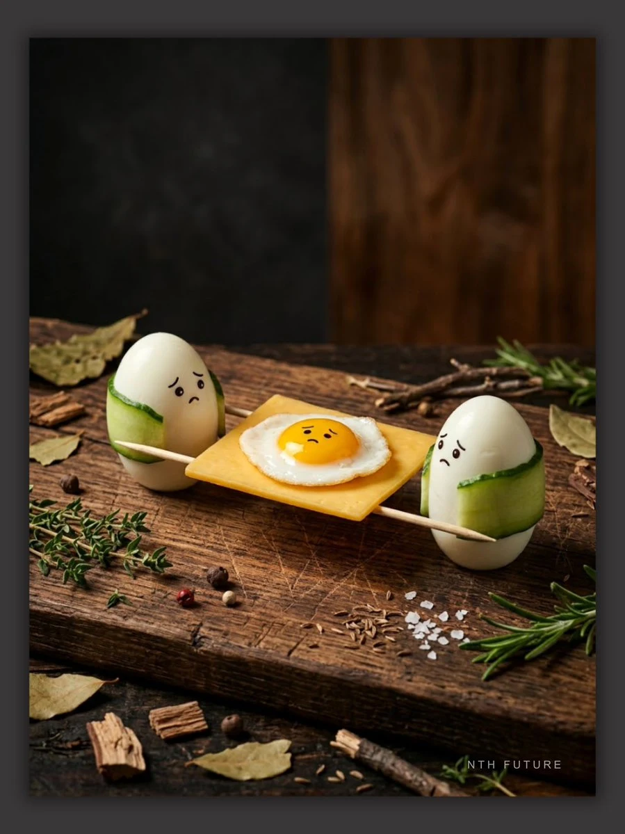 Whimsical eggs carrying sick fried egg on cheese