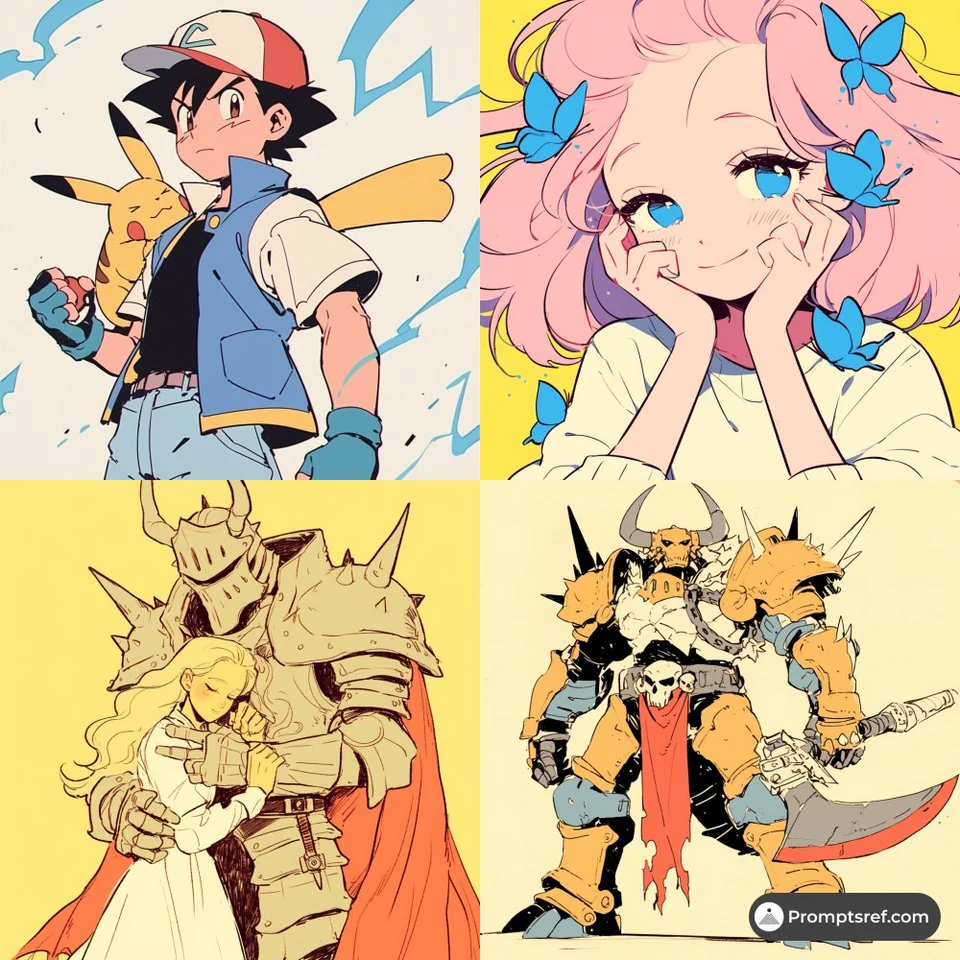 4-panel anime illustration with Pokemon and fantasy