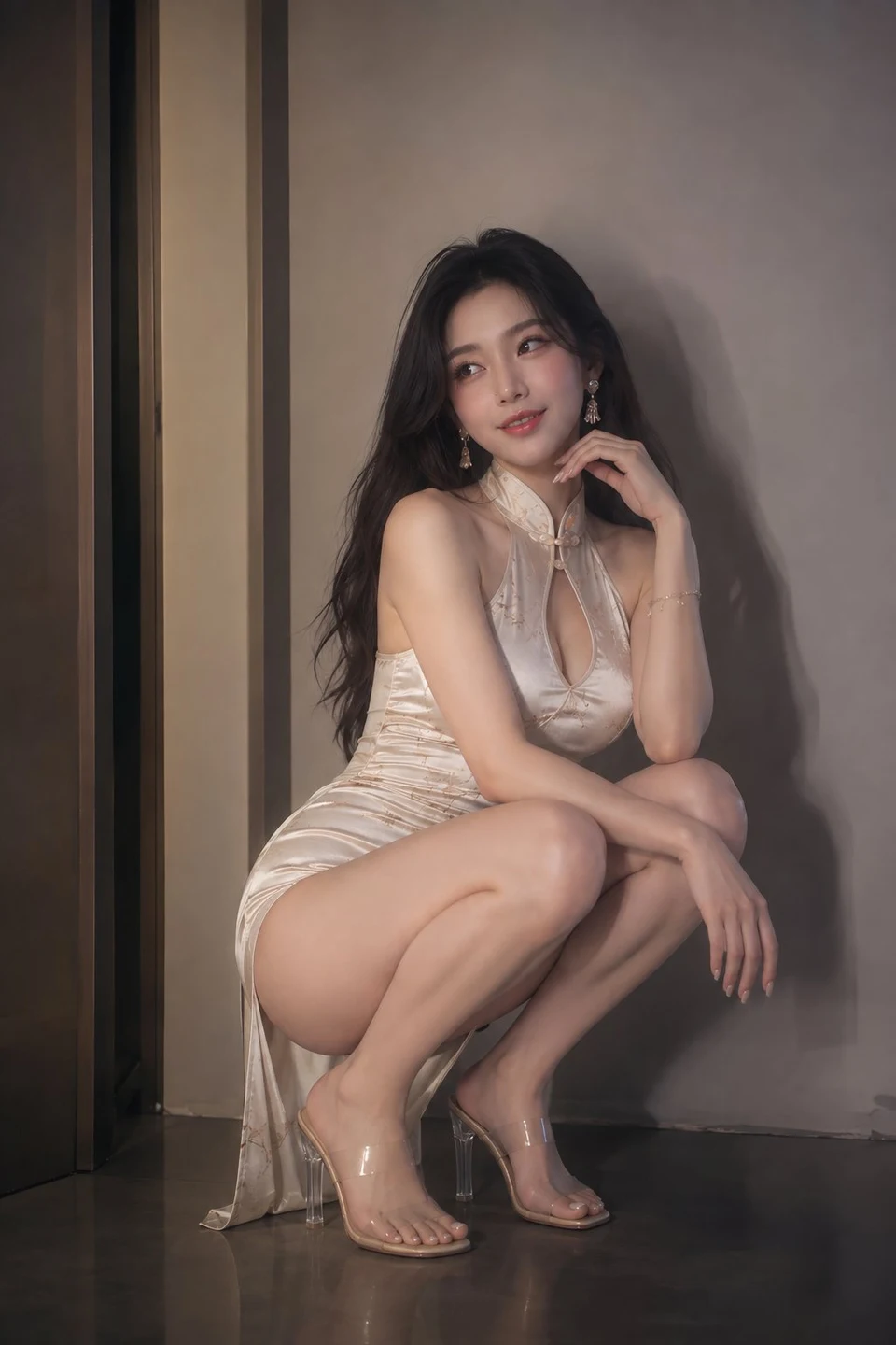 Elegant East Asian woman in champagne silk qipao