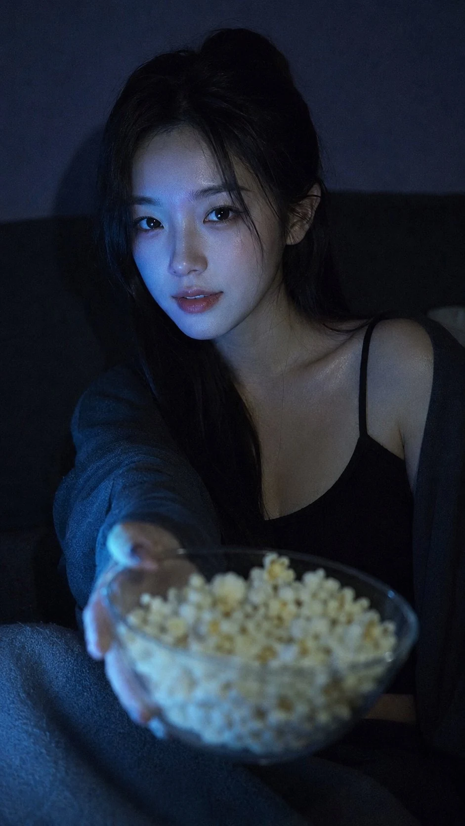 Korean woman offering popcorn in dark room