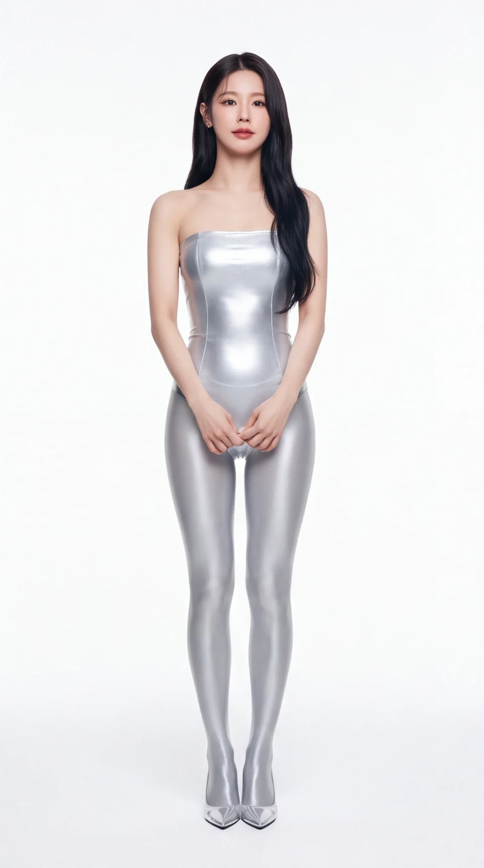 Full-body portrait of Miyeon in metallic silver