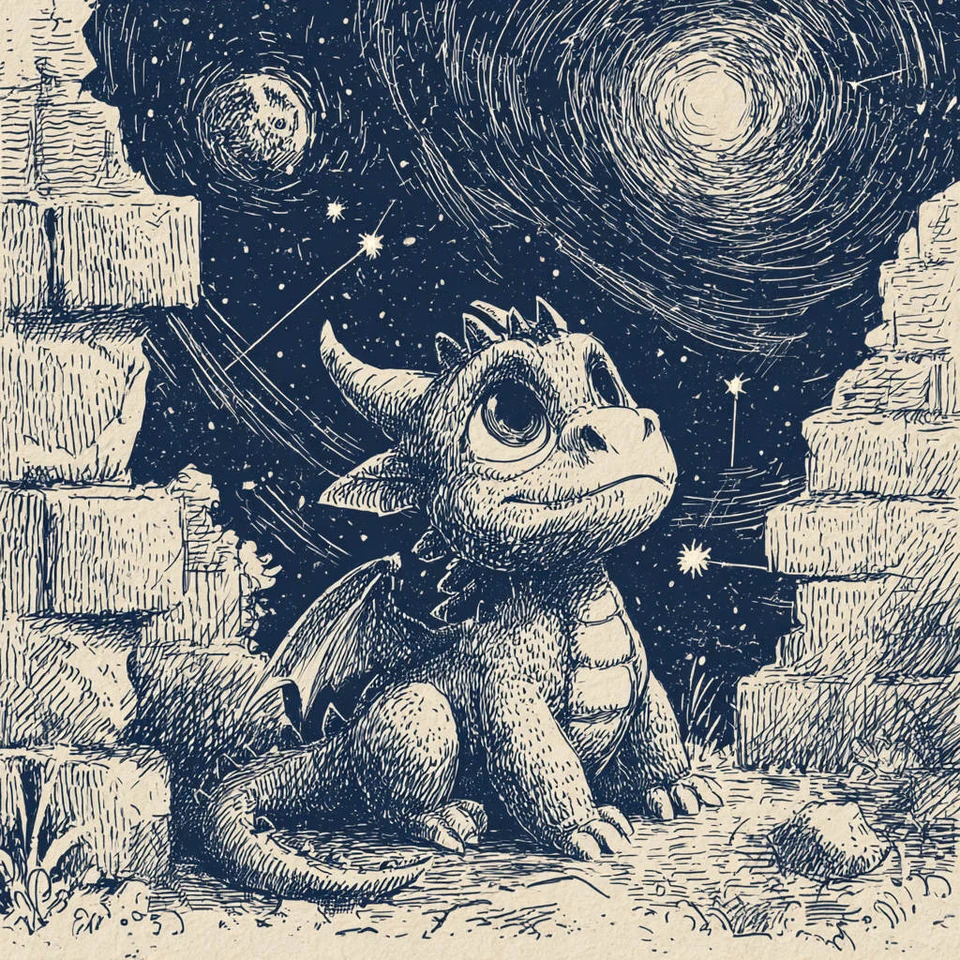 Adorable Baby Dragon Starry Night Sketch
