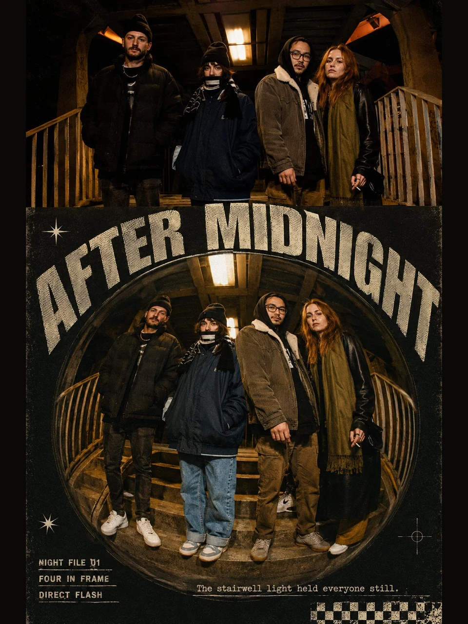 Night photo zine poster with four friends under