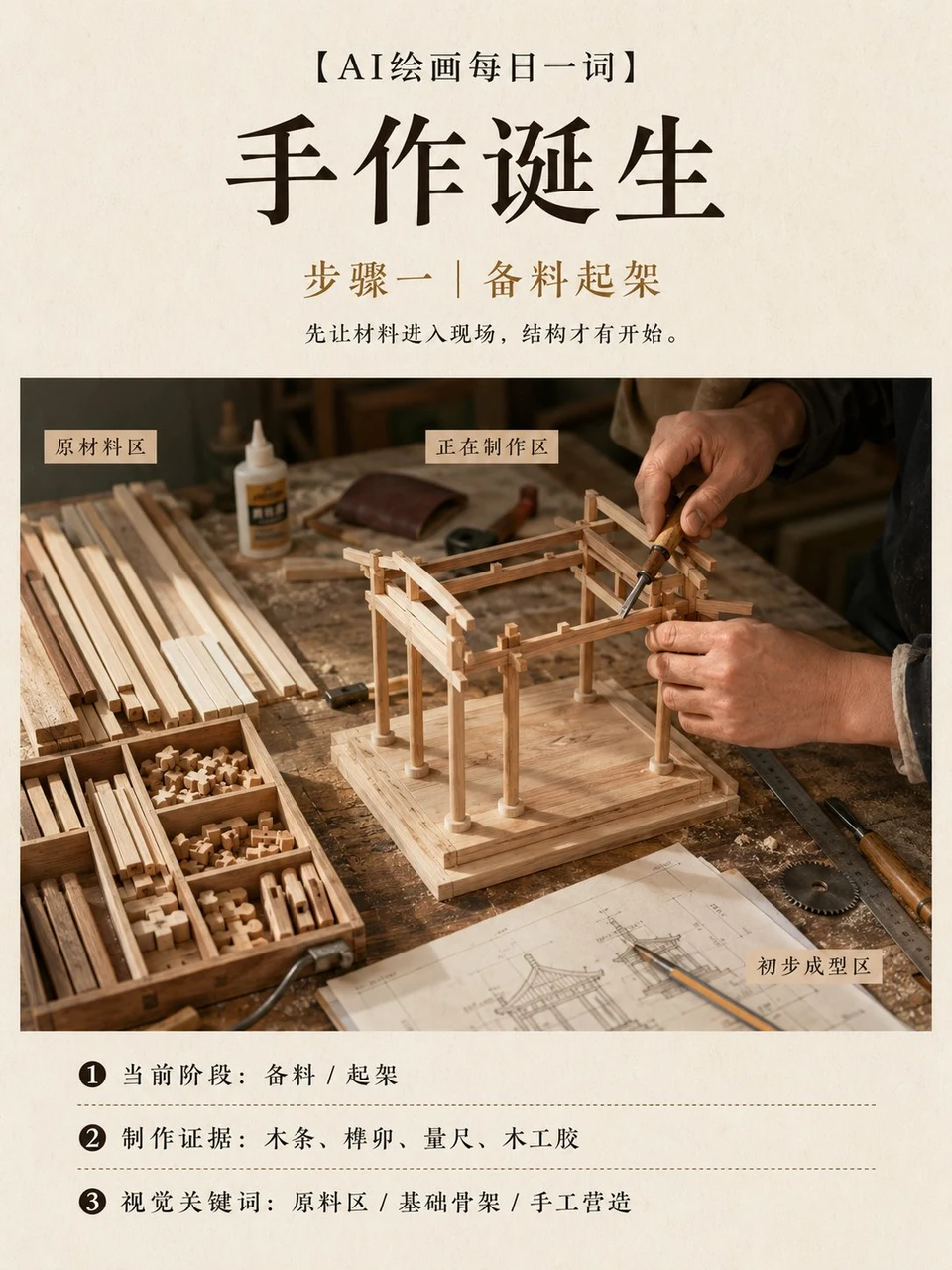 Wooden pavilion frame being crafted by artisan hands