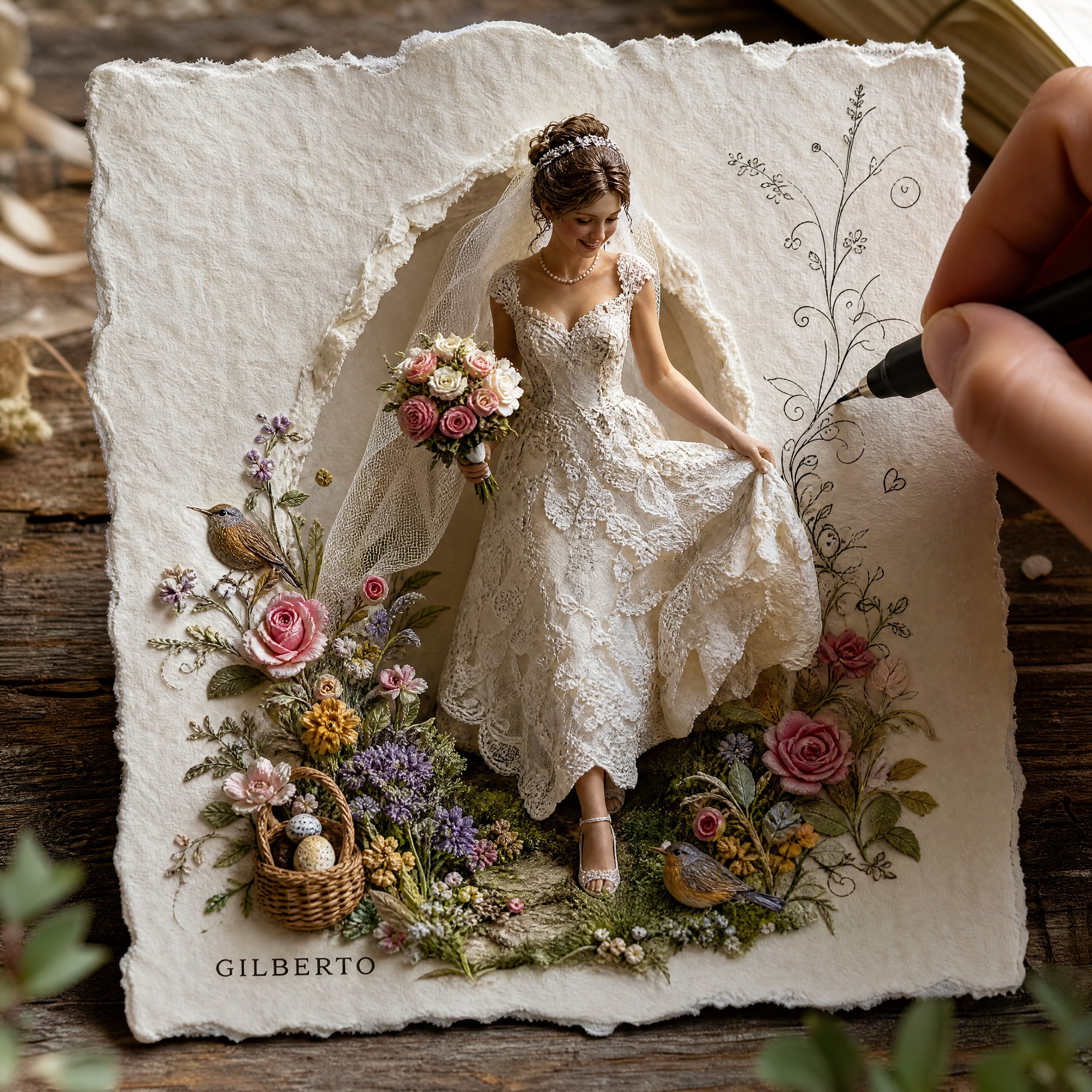 3D pop-up wedding card with bride illustration on