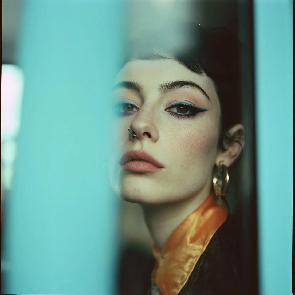 Vintage teal orange portrait through glass window