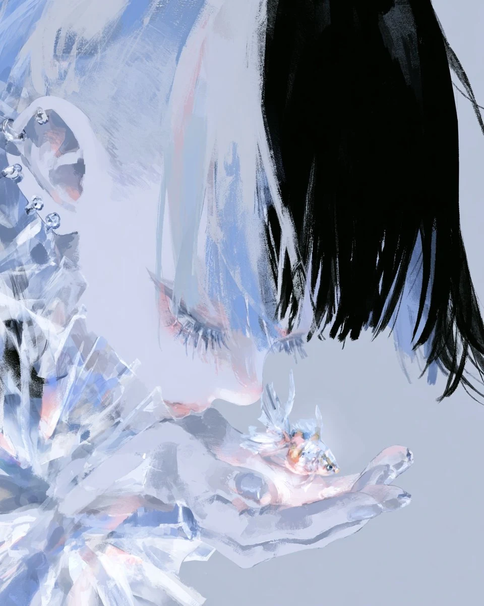 Fantasy girl holding crystal goldfish digital art