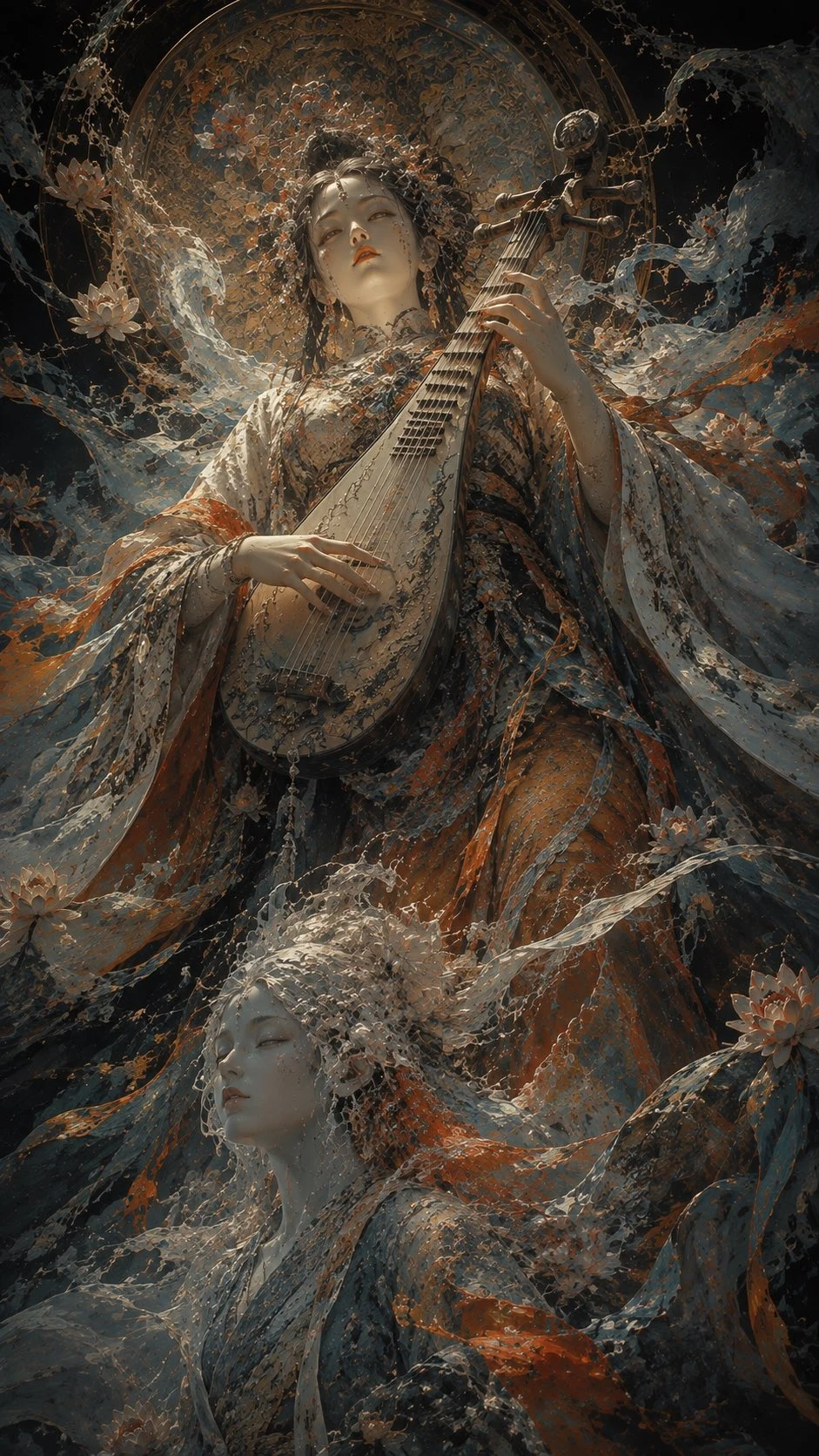 Ethereal Goddess Playing Pipa Amongst Flowing