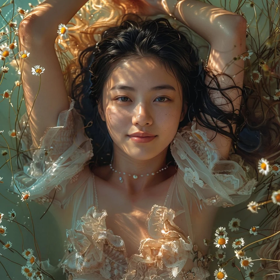 woman floating in water with daisies editorial