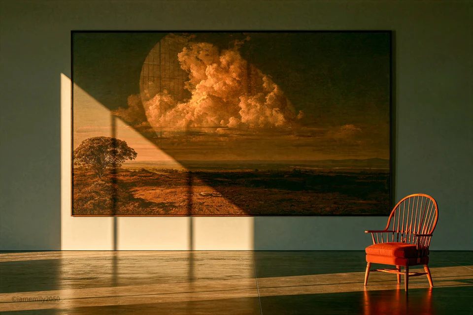 Glowing Landscape Painting with Sunlit Chair in