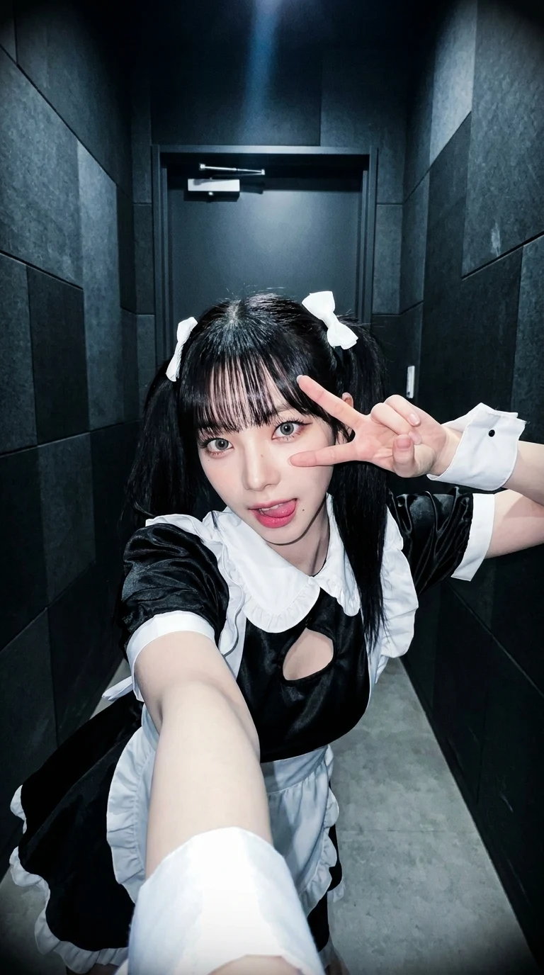 aespa Karina maid cosplay selfie with twin ponytails