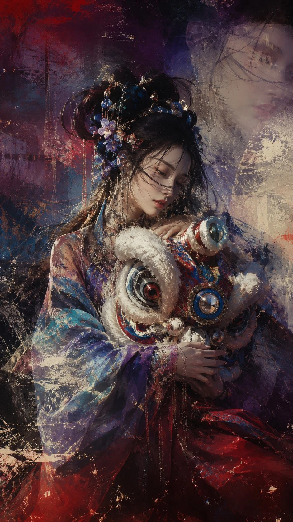 Surreal Portrait of Woman Holding Lion Dance Head