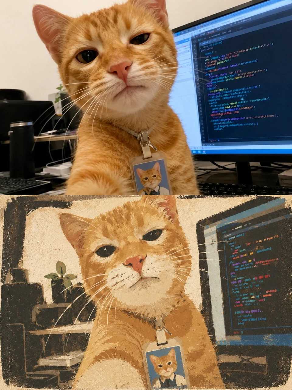 Split poster of orange tabby programmer cat with