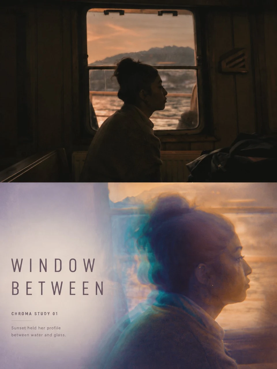 Vertical split-travel poster with woman at train