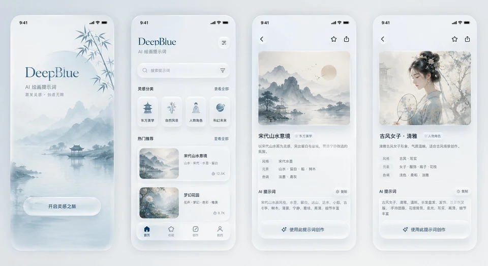 DeepBlue AI Art App UI Kit with Chinese Ink Painting