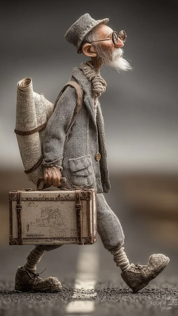 Whimsical elderly explorer with clay-textured travel