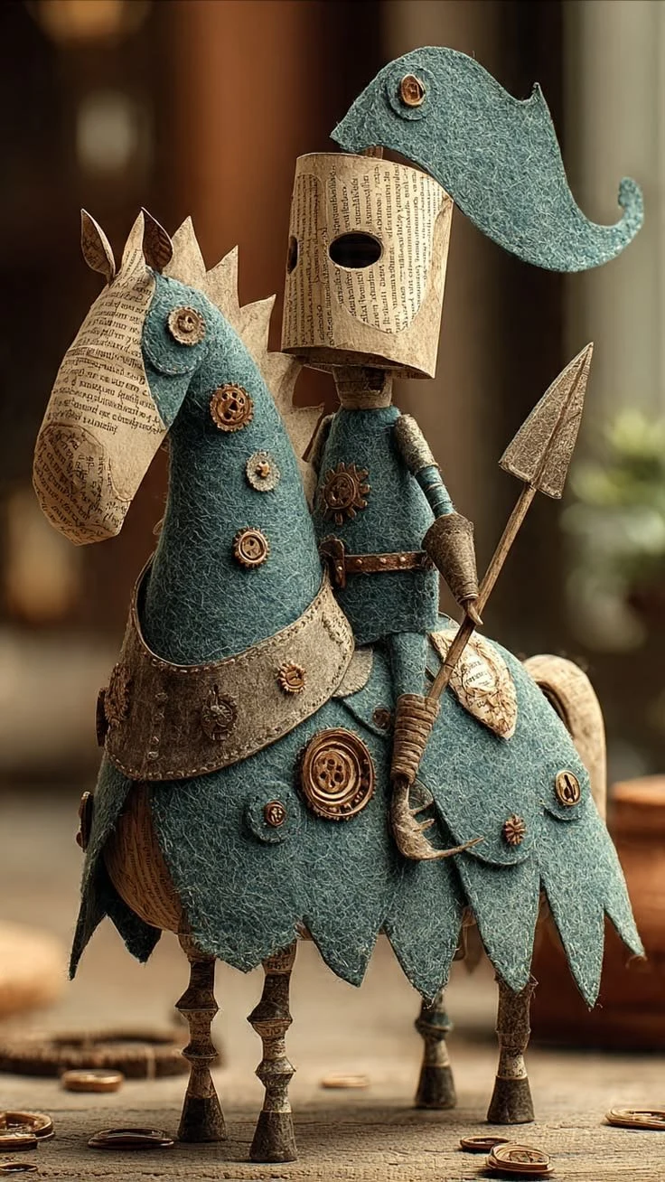 Steampunk Book Page Knight on Felt Horse