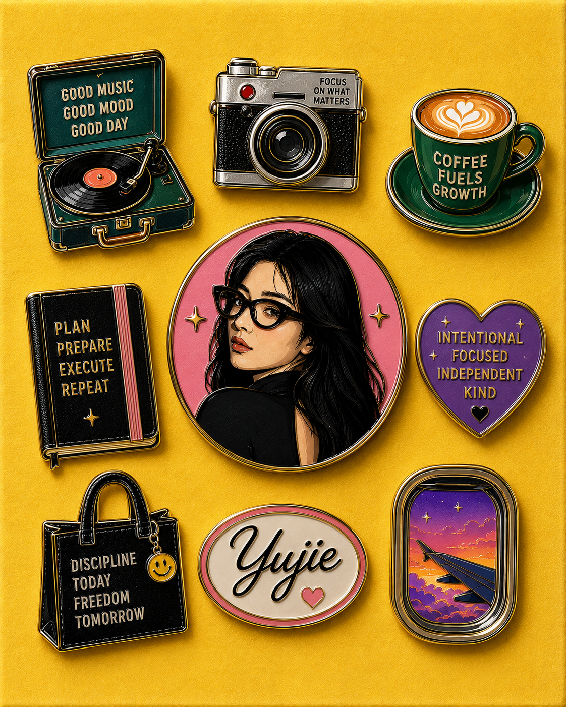 8 enamel pins flat illustration portrait