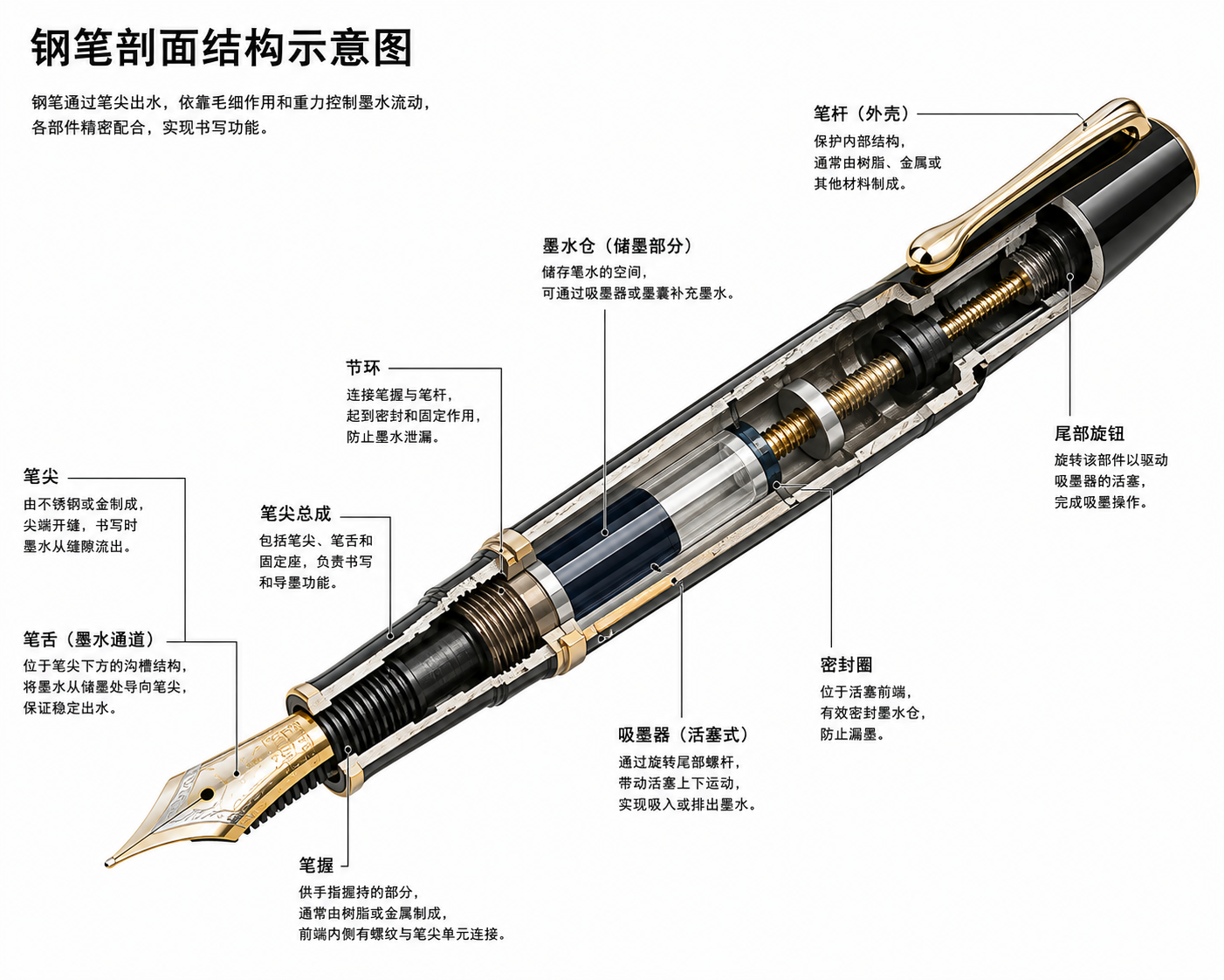 Educational Cross-Section Diagram of a Fountain Pen