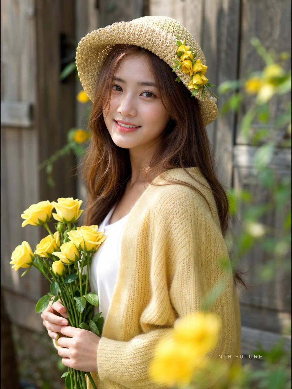 Young woman in yellow cardigan holding roses