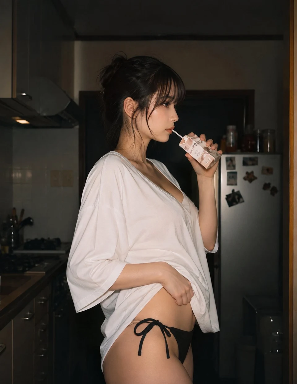 night kitchen portrait of young woman drinking from