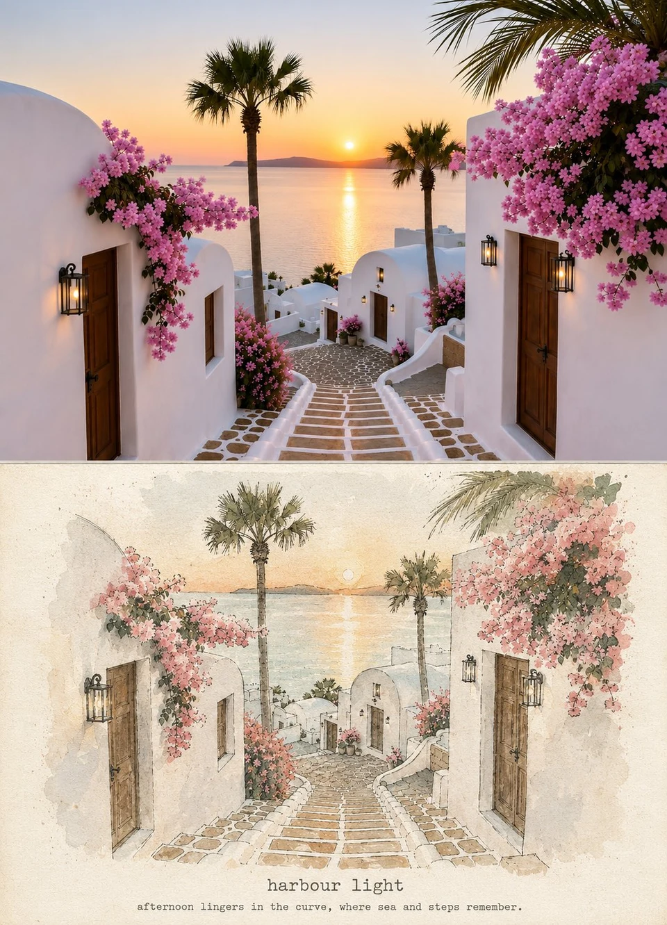 Santorini Before and After Art Print